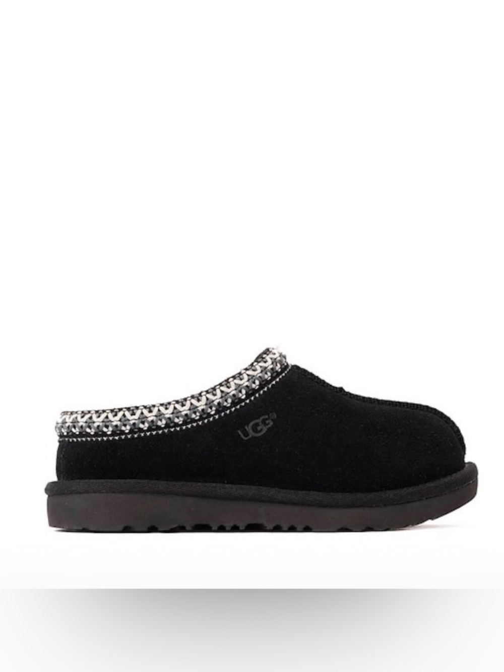 UGG Black Suede Slip-On Clog with Patterned Trim